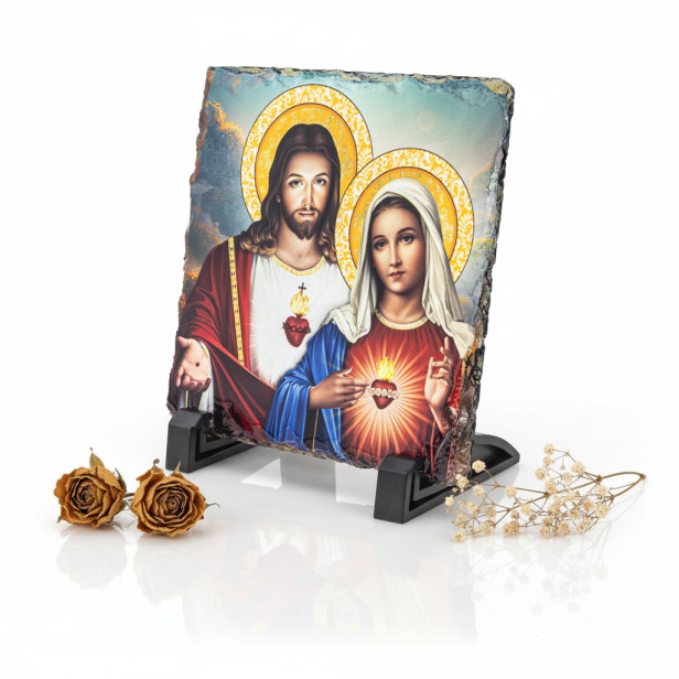 FOTOGRANIT z motywem Serca Jezusa i Serca Maryi – Obrazek Religijny na granicie | Linia AUREA STONE™