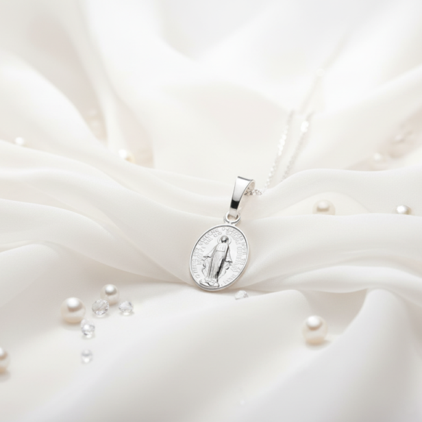 perłowa aranżacja  Medalik srebrny Matka Boska Niepokalana – Cudowny Medalik pr. 925