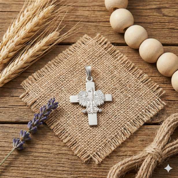 Krzyżyk srebrny z Orłem, pr. 925 – patriotyczny symbol Polski 1,9 g