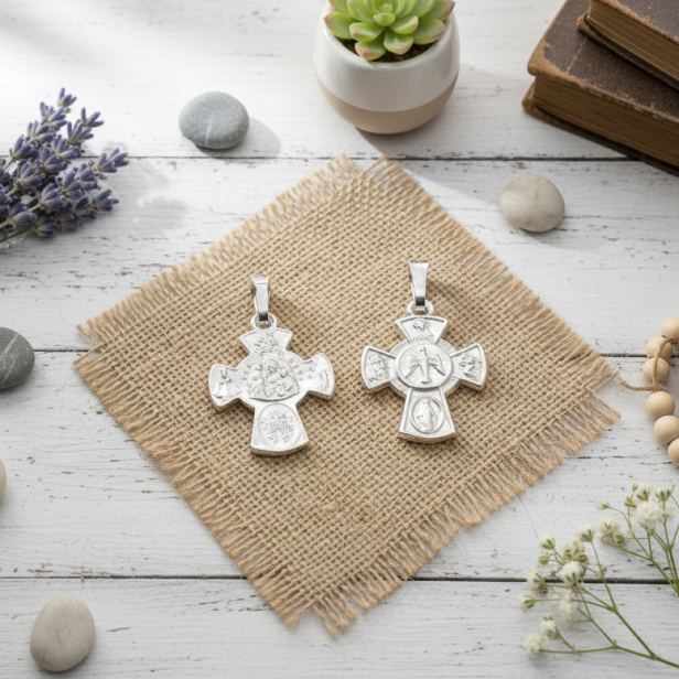 Medalik srebrny, AG925 – Krzyżyk z wizerunkiem Ducha Świętego i symbolami Maryjnymi