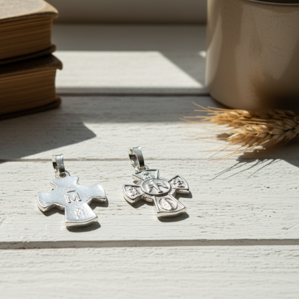 Medalik srebrny, AG925 – Krzyżyk z wizerunkiem Ducha Świętego i symbolami Maryjnymi