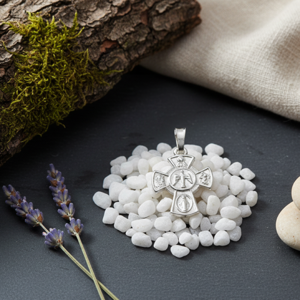 Medalik srebrny, AG925 – Krzyżyk z wizerunkiem Ducha Świętego i symbolami Maryjnymi