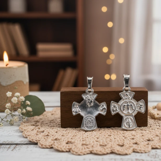 Srebrny krzyżyk z symbolami maryjnymi – zawieszka w aranżacji