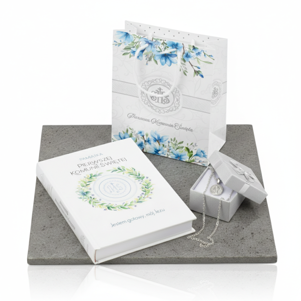 Zestaw komunijny „Jestem gotowy, mój Jezu” – książeczka, srebrny medalik i łańcuszek