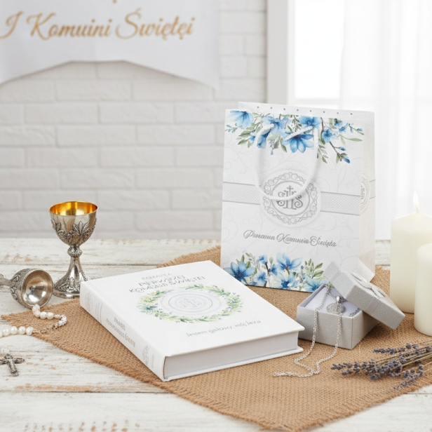 Zestaw komunijny „Jestem gotowy, mój Jezu” – książeczka, srebrny medalik i łańcuszek