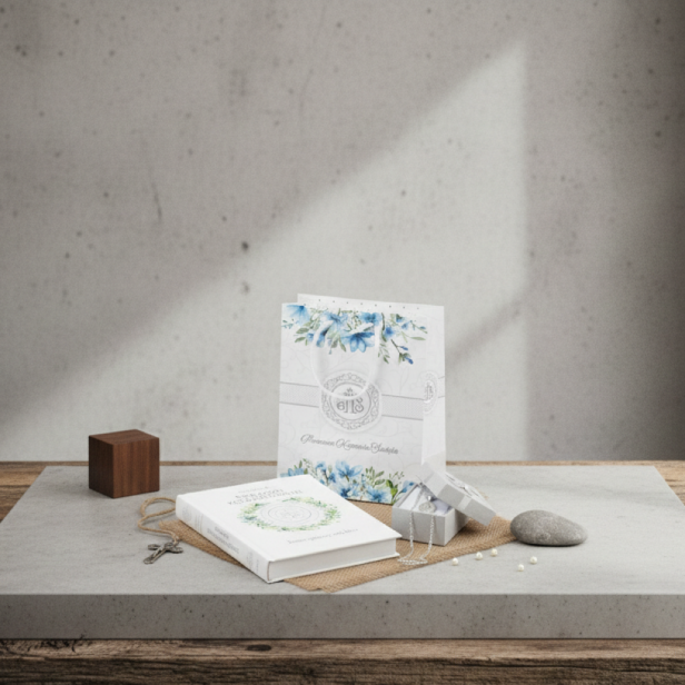 Zestaw komunijny „Jestem gotowy, mój Jezu” – książeczka, srebrny medalik i łańcuszek