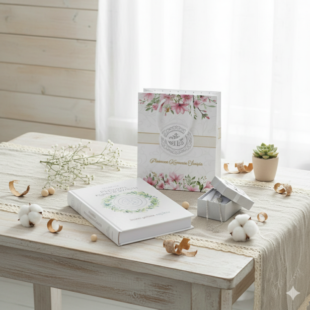 Zestaw komunijny „Jestem gotowa, mój Jezu” – książeczka, srebrny medalik i łańcuszek