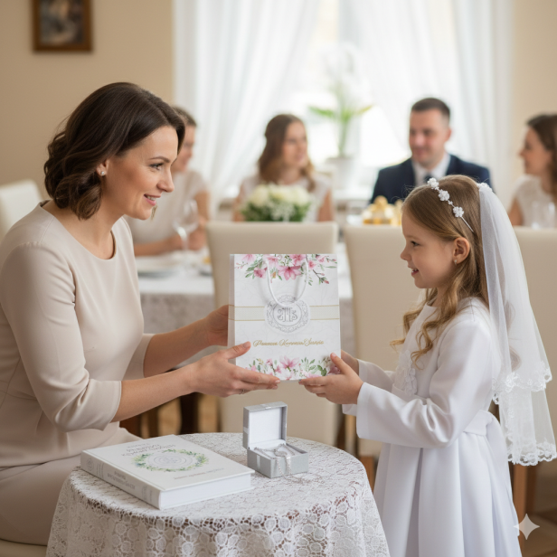 Zestaw komunijny „Jestem gotowa, mój Jezu” – książeczka, srebrny medalik i łańcuszek