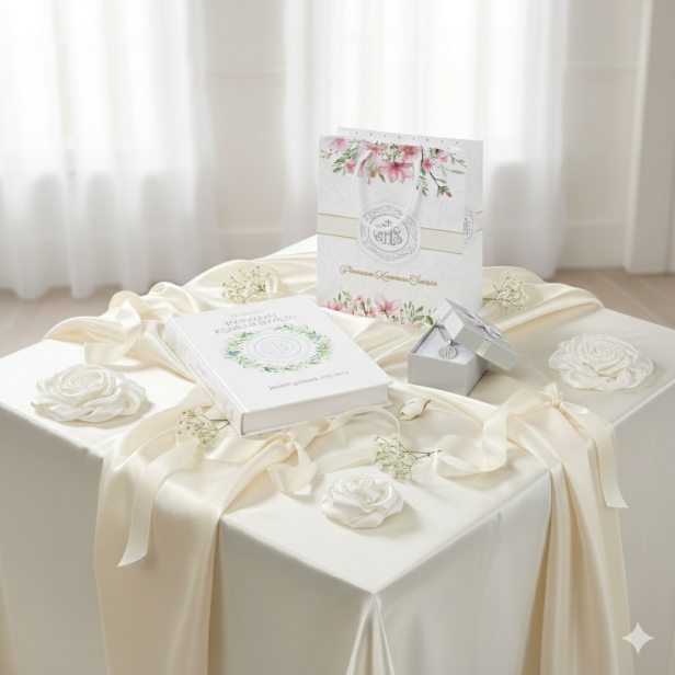 Zestaw komunijny „Jestem gotowa, mój Jezu” – książeczka, srebrny medalik i łańcuszek