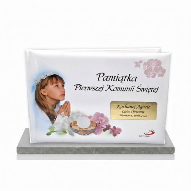 Pamiątka Pierwszej Komunii Świętej dla dziewczynki z grawerem