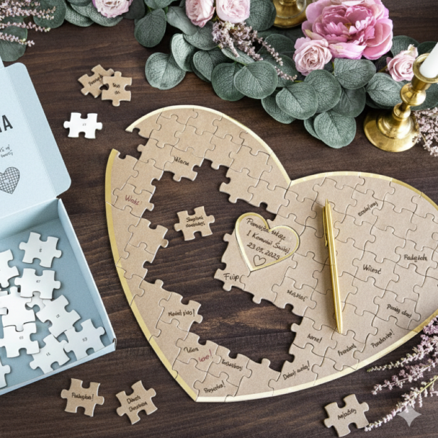 Księga gości – puzzle z życzeniami w kształcie serca | Pamiątka Komunii i Chrztu