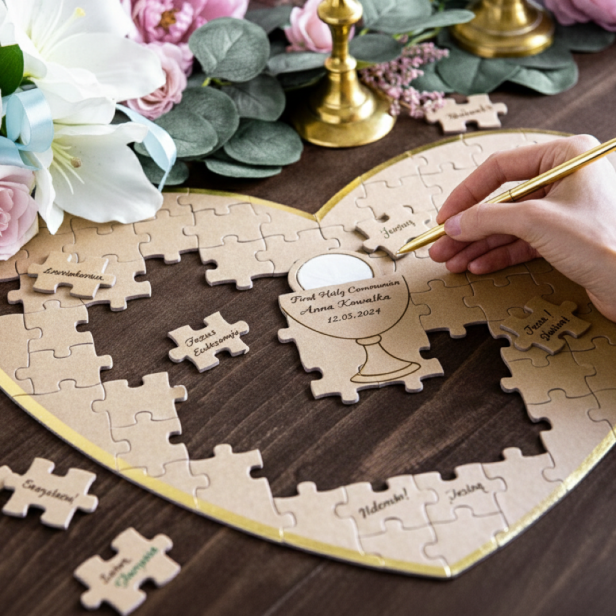 Księga gości – puzzle z życzeniami w kształcie serca | Pamiątka Komunii i Chrztu