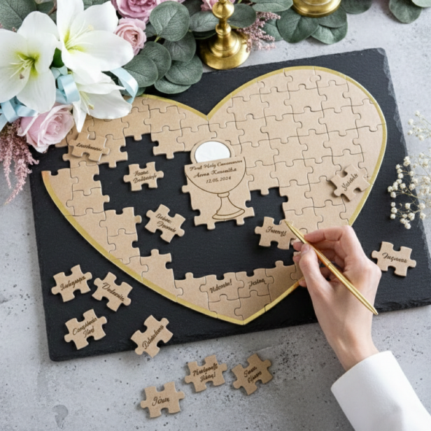 Księga gości – puzzle z życzeniami w kształcie serca | Pamiątka Komunii i Chrztu