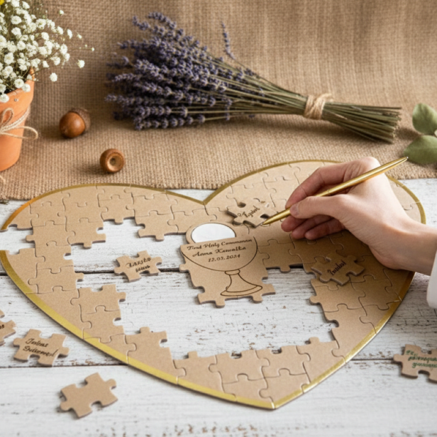 Księga gości – puzzle z życzeniami w kształcie serca | Pamiątka Komunii i Chrztu