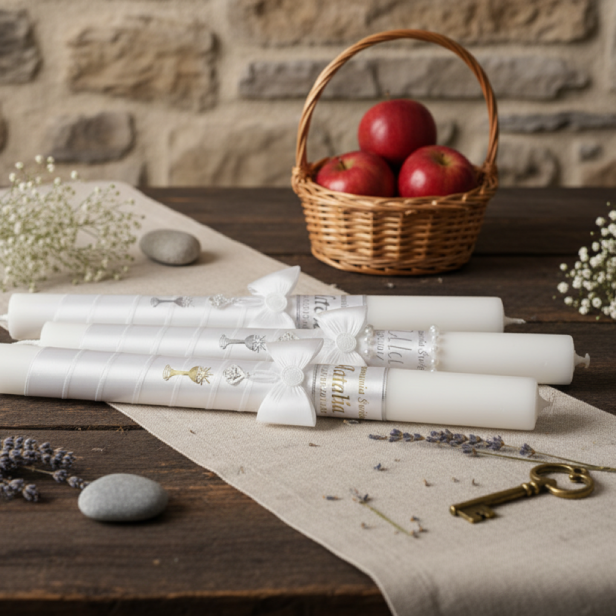 Świeca komunijna imienna z medalikiem | Linia SACRA MEDALLION® – symbol wiary, ochrony i łaski  aranżacja