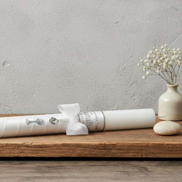 srebrne zdobienie -Świeca komunijna imienna z medalikiem | Linia SACRA MEDALLION® – symbol wiary, ochrony i łaski