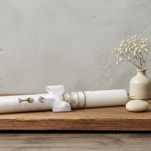 złote zdobieni - Świeca komunijna imienna z medalikiem | Linia SACRA MEDALLION® – symbol wiary, ochrony i łaski