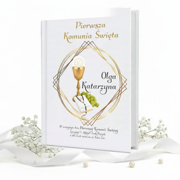 Biblia IHS z personalizowanym nadrukiem UV na Komunię