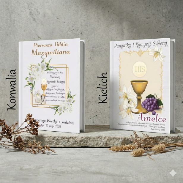 projekt KIELICH i KONWALIA - Biblia IHS z personalizowanym nadrukiem UV – Pamiątka I Komunii Świętej