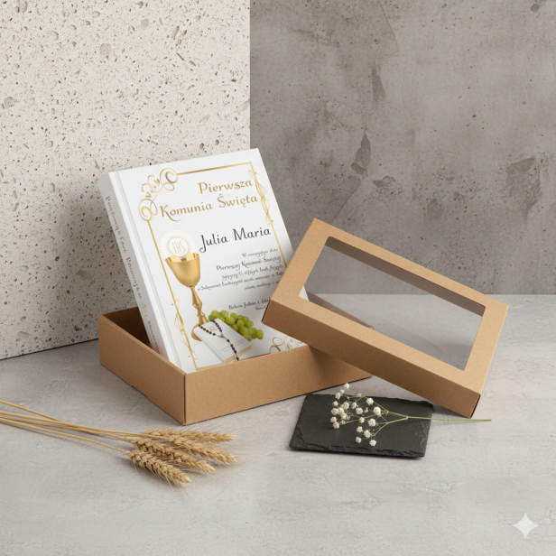 pudełko z okienkiem  KRAFT - Biblia IHS z personalizowanym nadrukiem UV – Pamiątka I Komunii Świętej