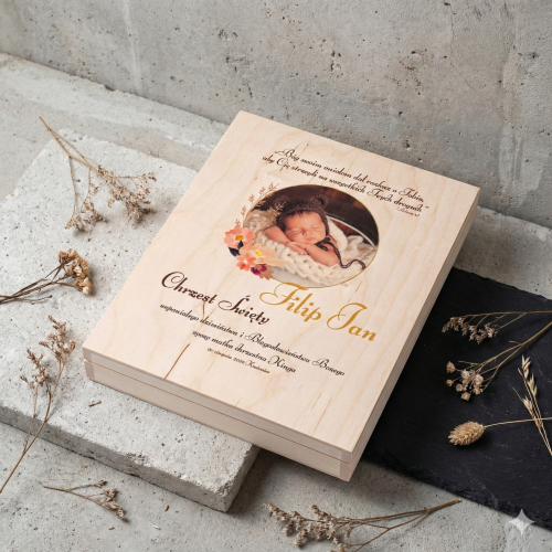 Biblia w drewnianym pudełku XL z nadrukiem zdjęcia – Pamiątka Chrztu Świętego