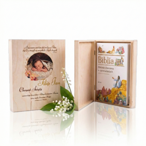 Biblia w drewnianym pudełku XL z nadrukiem zdjęcia – Pamiątka Chrztu Świętego
