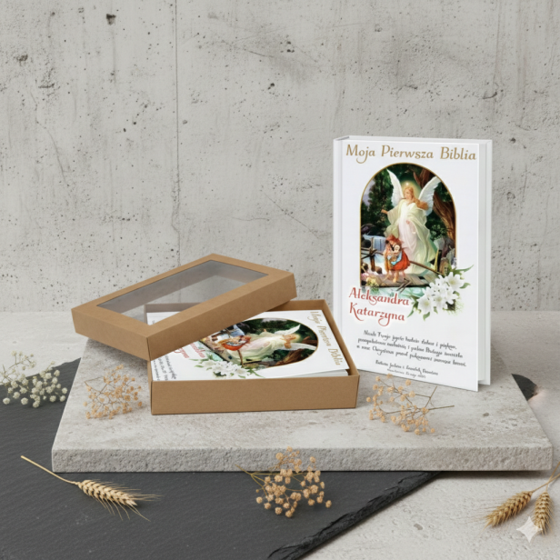 Moja Pierwsza Biblia ANIOŁ STRÓŻ - Pamiątka prezent dla dziecka z nadrukiem - w zestawie z pudełkiem KRAFT