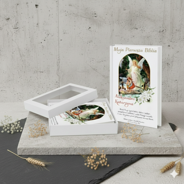 Moja Pierwsza Biblia ANIOŁ STRÓŻ - Pamiątka prezent dla dziecka z nadrukiem - w zestawie z pudełkiem BIAŁE