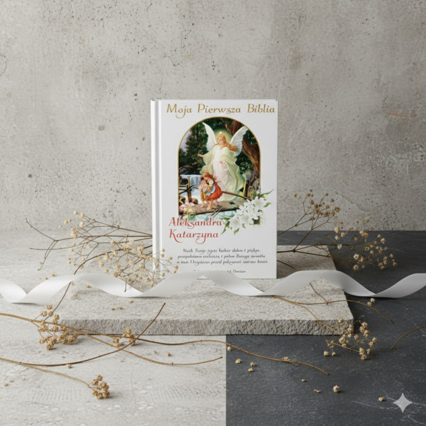 Moja Pierwsza Biblia ANIOŁ STRÓŻ z nadrukiem UV – Pamiątka Chrztu | Prezent religijny dla dziecka