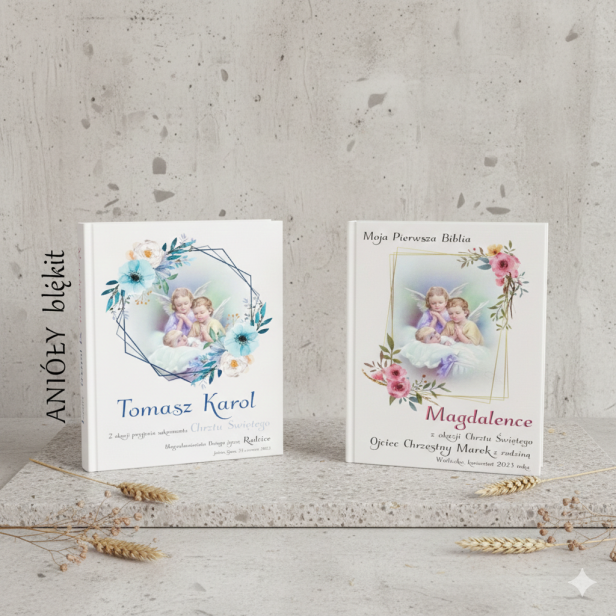 projekt ANIOŁY - Moja Pierwsza Biblia z nadrukiem – Pamiątka Chrztu | Prezent religijny dla dziecka