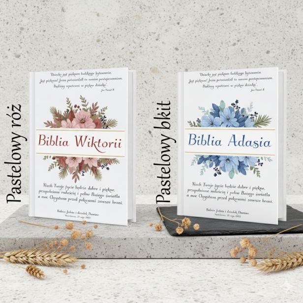 projekt PASTEL - Moja Pierwsza Biblia z nadrukiem – Pamiątka Chrztu | Prezent religijny dla dziecka