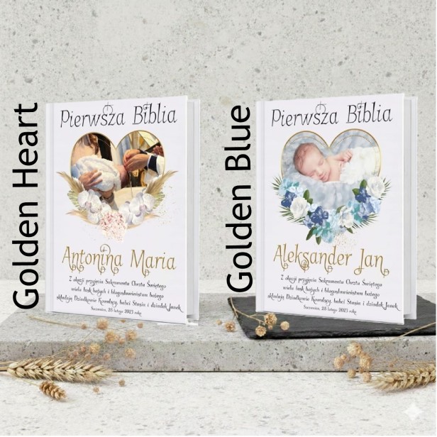 projekty nadruku HEART - Pierwsza Biblia ze zdjęciem dziecka – personalizowana okładka