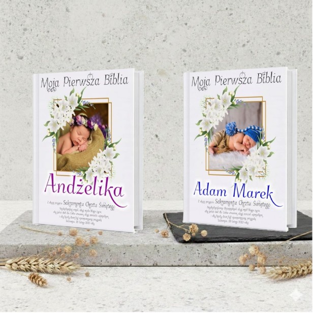 projekty nadruku JAŚMIN - Pierwsza Biblia ze zdjęciem dziecka – personalizowana okładka