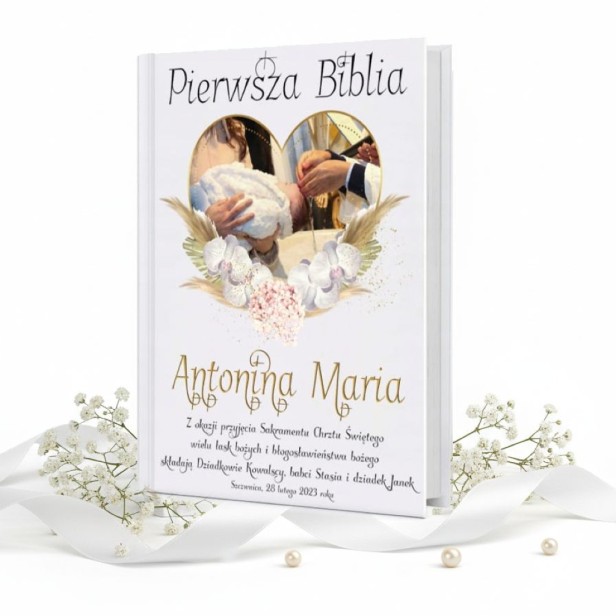 Pierwsza Biblia ze zdjęciem dziecka – personalizowana okładka UV | Pamiątka Chrztu | Prezent religijny