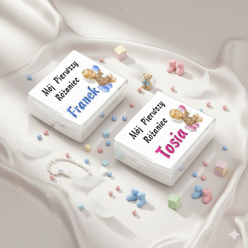 Pudełeczko na różaniec z imieniem „Mój Pierwszy Różaniec” – personalizowane