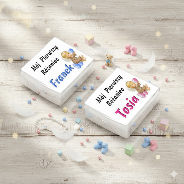 Pudełeczko na różaniec z imieniem „Mój Pierwszy Różaniec” – personalizowane