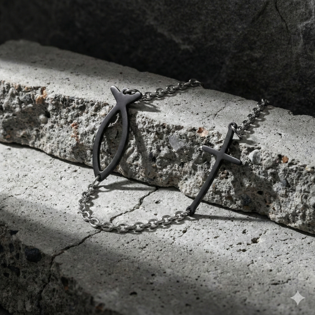 Naszyjnik - rybka chrześcijańska - Ichtys - krzyż - Stainless Steel