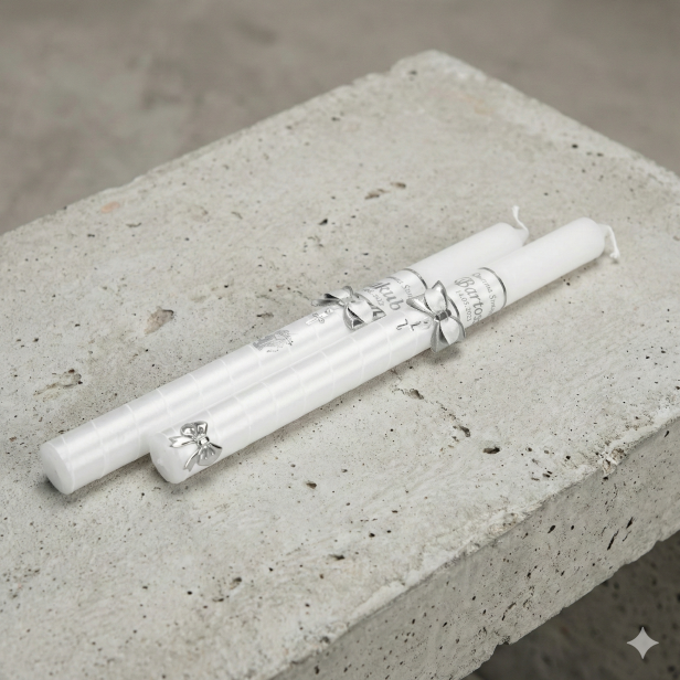 Świeca imienna ze SREBRNYM krzyżykiem AG925 | Linia AURORA® – Światło i Symbol Wiary