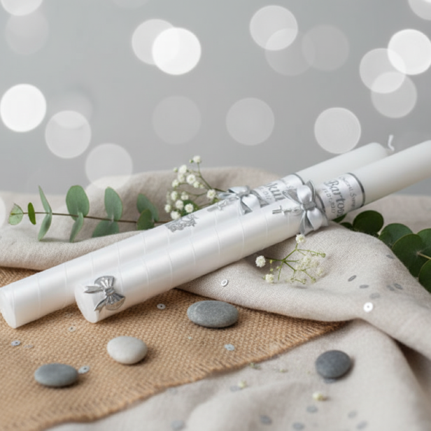 Świeca imienna ze SREBRNYM krzyżykiem AG925 | Linia AURORA® – Światło i Symbol Wiary