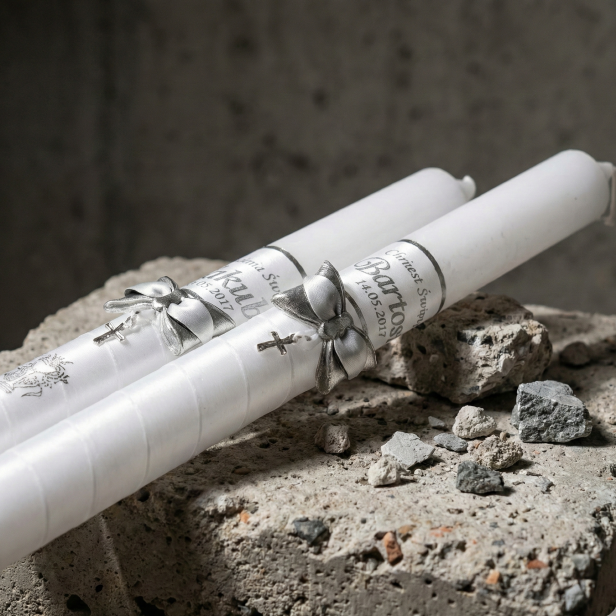 Świeca imienna ze SREBRNYM krzyżykiem AG925 | Linia AURORA® – Światło i Symbol Wiary