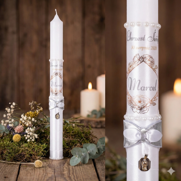 Świeca chrzcielna ze srebrnym medalikiem – Chrzest lub Komunia | Linia SILVER GRACE®