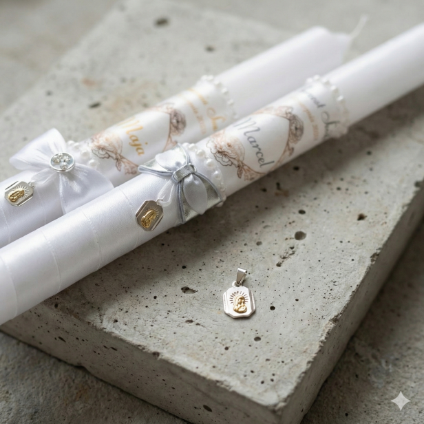 Świeca ze srebrnym medalikiem – Chrzest lub Komunia | Linia SILVER GRACE®