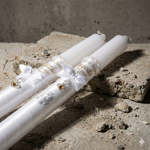 Świeca imienna z bursztynem SERCE | Linia AURORA® – Światło i Symbol Wiary