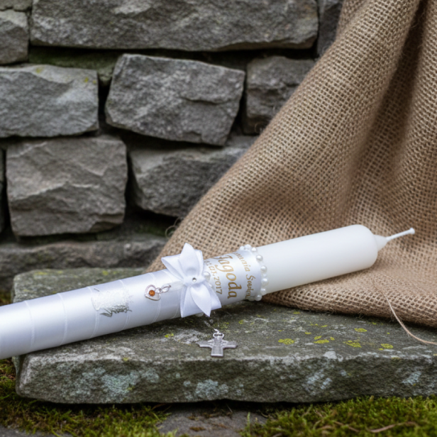 Świeca imienna z bursztynem SERCE | Linia AURORA® – Światło i Symbol Wiary