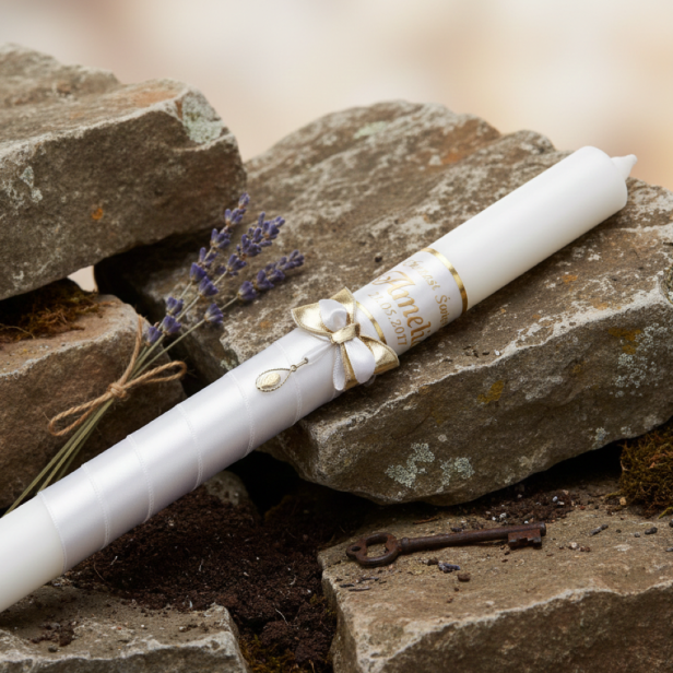 Chrzcielna świeca imienna z ZŁOTYM medalikiem pr. AG 585 | Linia AURORA® – Światło i Symbol Wiary