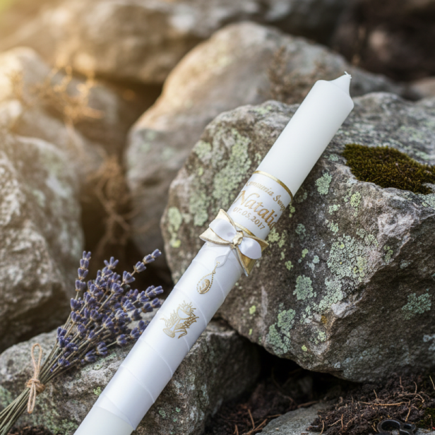 Komunijna świeca imienna z ZŁOTYM medalikiem pr. AG 585 | Linia AURORA® – Światło i Symbol Wiary