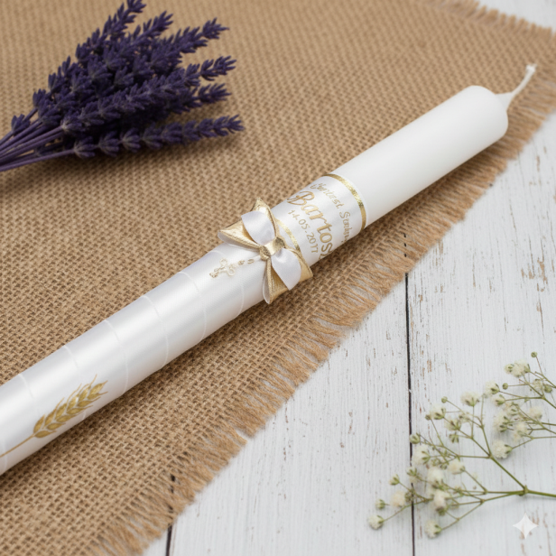 Świeca imienna z ZŁOCONYM krzyżykiem | Linia AURORA® – Światło i Symbol Wiary