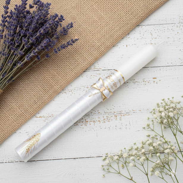 Świeca imienna z ZŁOCONYM krzyżykiem | Linia AURORA® – Światło i Symbol Wiary