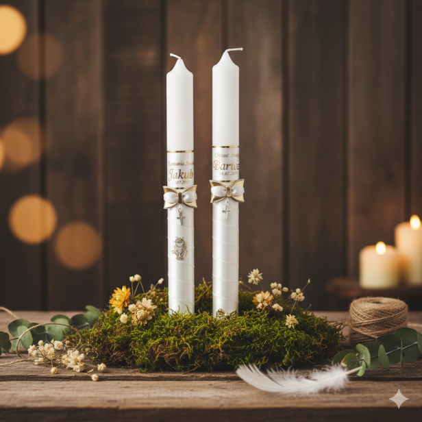 Świeca imienna z ZŁOCONYM krzyżykiem | Linia AURORA® – Światło i Symbol Wiary