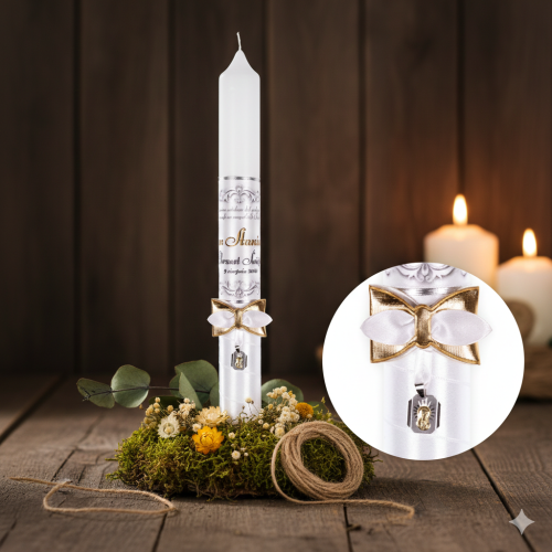 Imienna świeca BIAŁY VINTAGE zdobiona srebrnym medalikiem | Linia SILVER GRACE®
